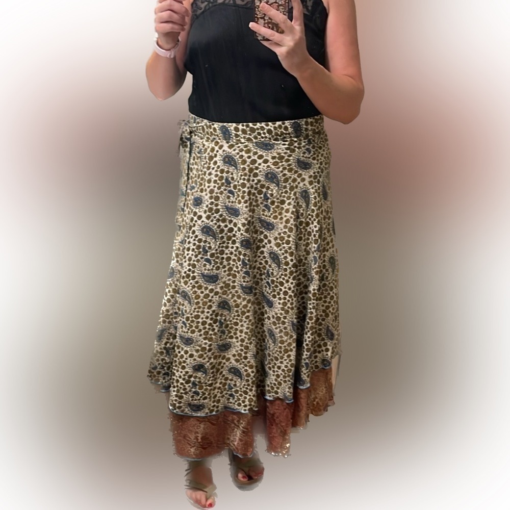 Women wrap skirt large 34 large paisley Silk maxi tie cream brown adjustable - Picture 8 of 9